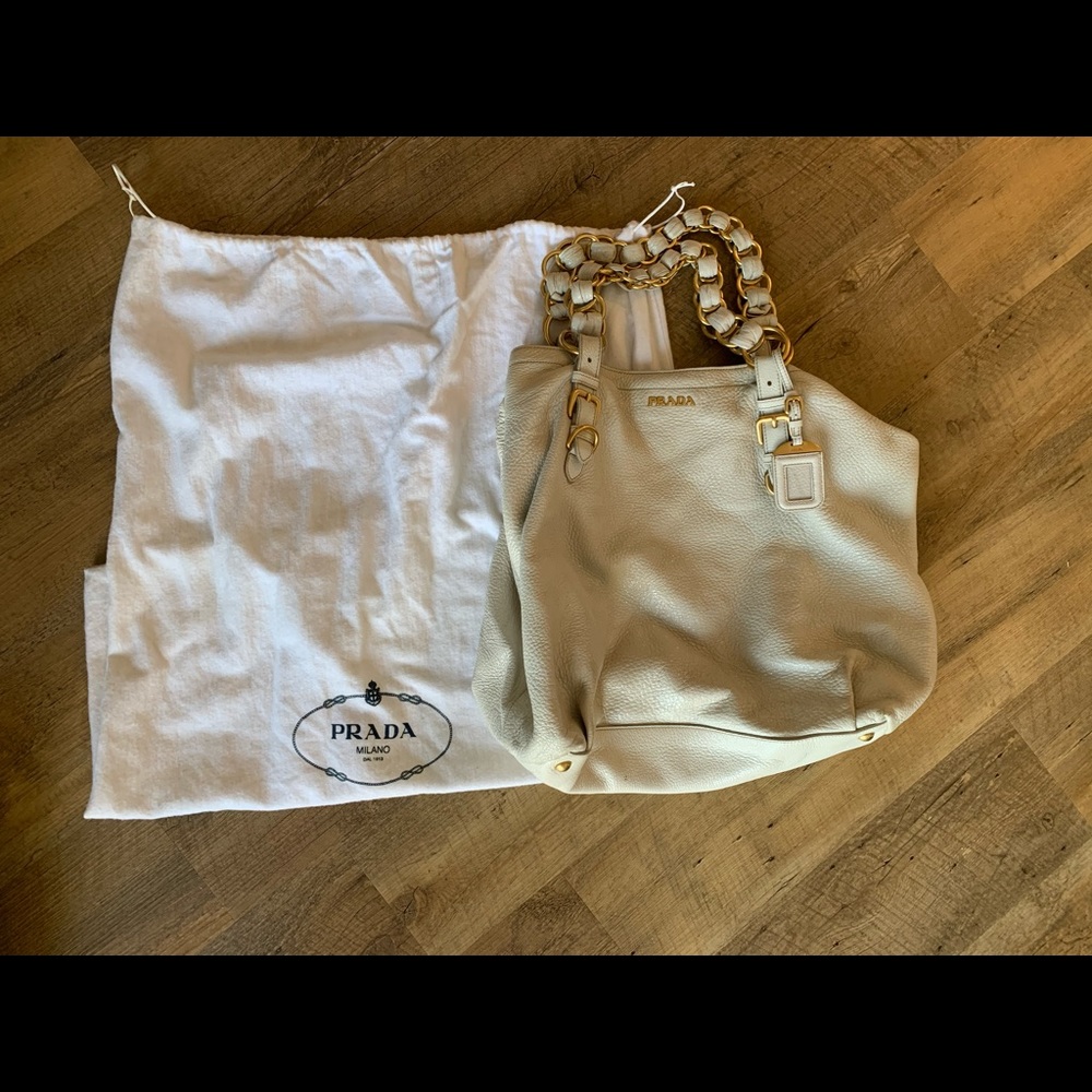 PRADA shiny white leather tote w goldchain